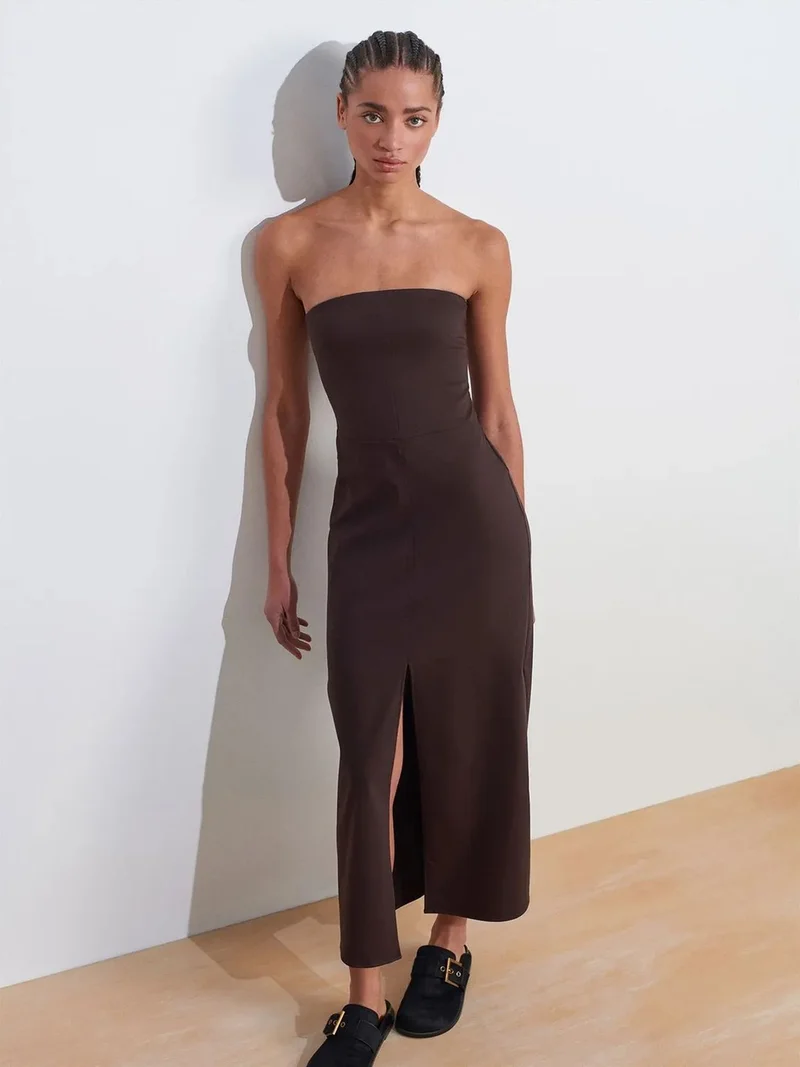 Dilvin Coffee Brown DILVIN Strapless Fitted Midi Dress With Slit for Women | Best Price UAE