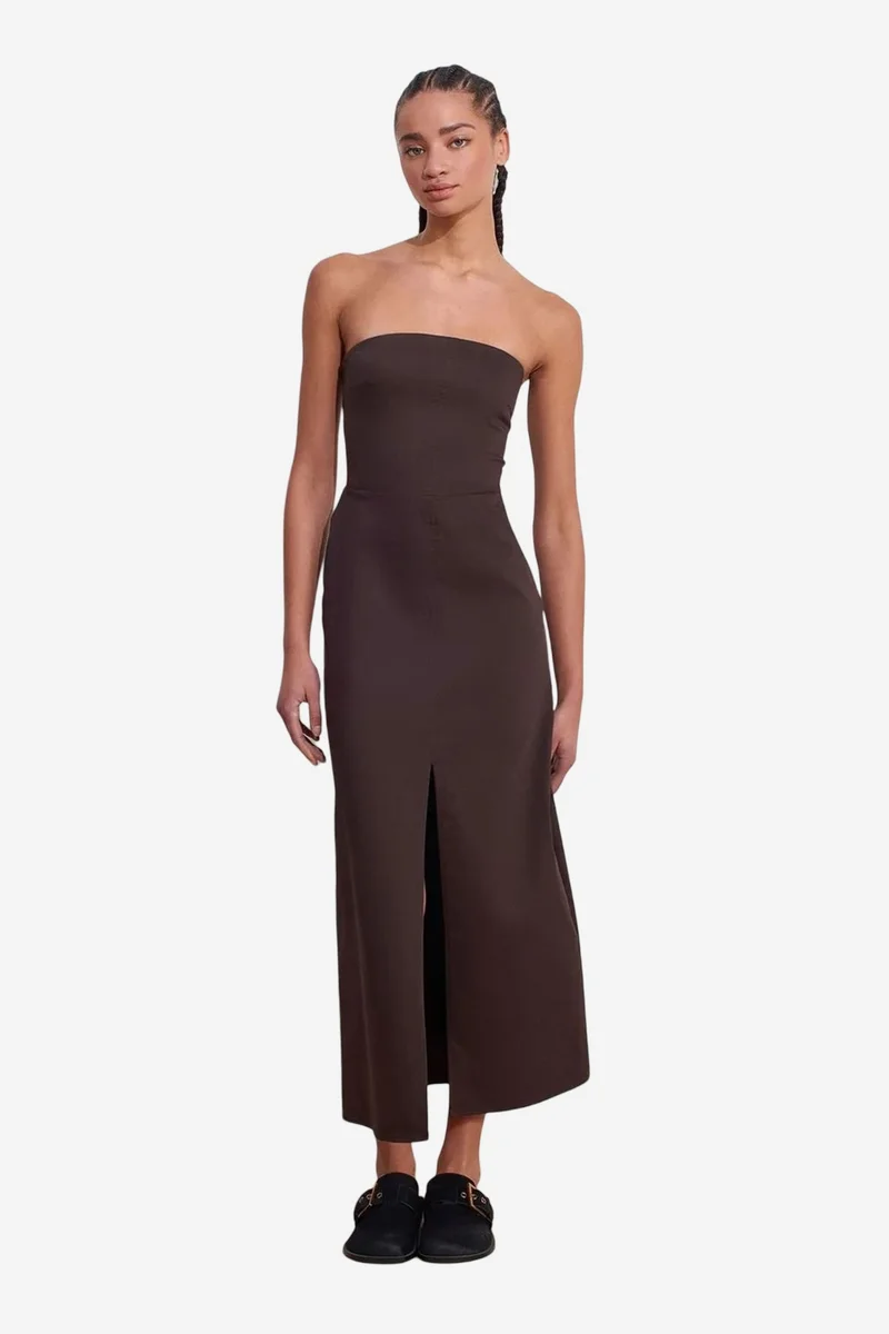 DILVIN Strapless Fitted Midi Dress With Slit