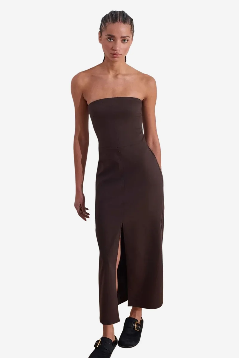 Dilvin Coffee Brown DILVIN Strapless Fitted Midi Dress With Slit for Women | Best Price UAE