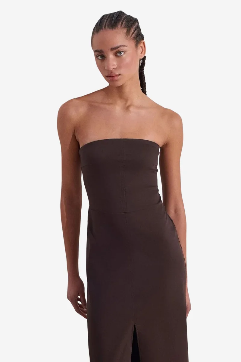 Dilvin Coffee Brown DILVIN Strapless Fitted Midi Dress With Slit for Women | Best Price UAE