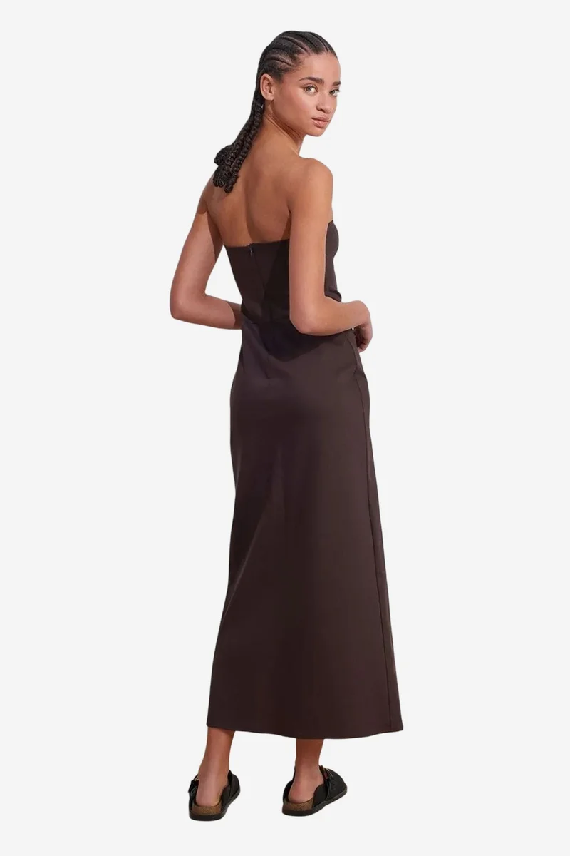 Dilvin Coffee Brown DILVIN Strapless Fitted Midi Dress With Slit for Women | Best Price UAE