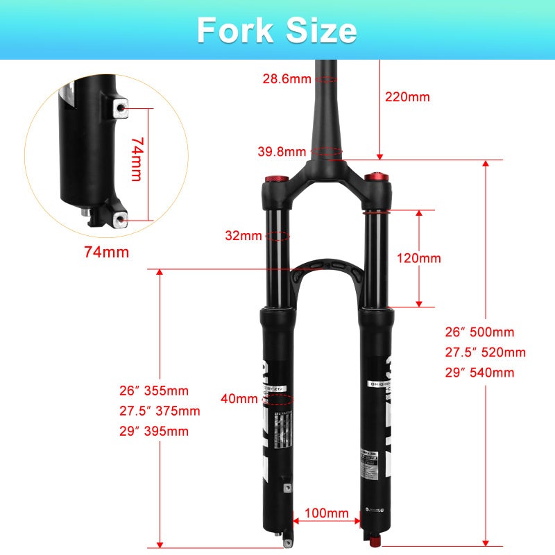 ZTZ 26/27.5/29 inch MTB Air Suspension Fork, 1 1/8 to 1.5 inch Tapered Tube, 120mm Travel,QR 9mm*100mm, Manual Lockout, Ultralight Front Fork for XC/AM Mountain Bike (Balck, 29") - Image 2