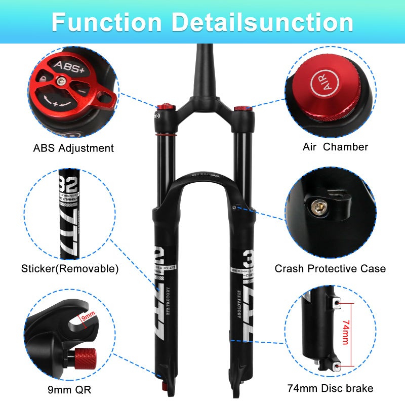 ZTZ 26/27.5/29 inch MTB Air Suspension Fork, 1 1/8 to 1.5 inch Tapered Tube, 120mm Travel,QR 9mm*100mm, Manual Lockout, Ultralight Front Fork for XC/AM Mountain Bike (Balck, 29") - Image 3