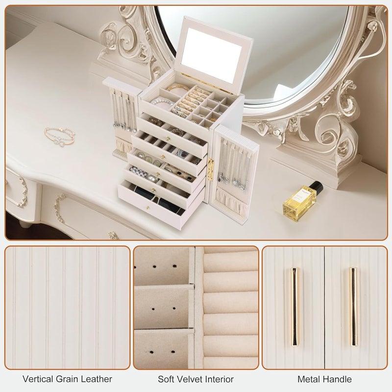 Dajasan Large Jewelry Organizer Box - 6-Tier Jewelry Storage with Mirror for Women and Girls (Beige) - Image 5