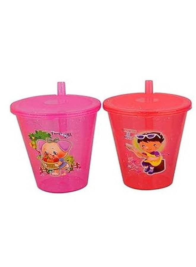 Glenoxzone Disney Plastic Sipper Glasses with Straw and Lid (Multicolour) (2pc) - Image 1