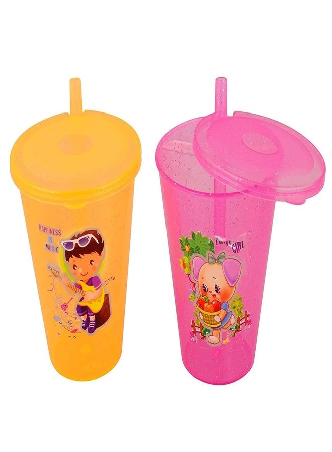 Glenoxzone Disney Plastic Sipper Glasses with Straw and Lid (Multicolour) (2pc) - Image 2