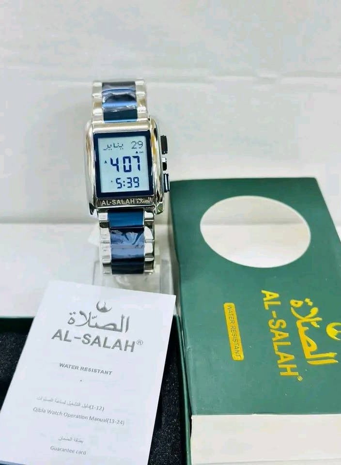 ساعة الصلاه الاسلامية للمعصم فاخرة من الفولاذ المقاوم للصدأ تحتوي على منبه رقمي للأذان