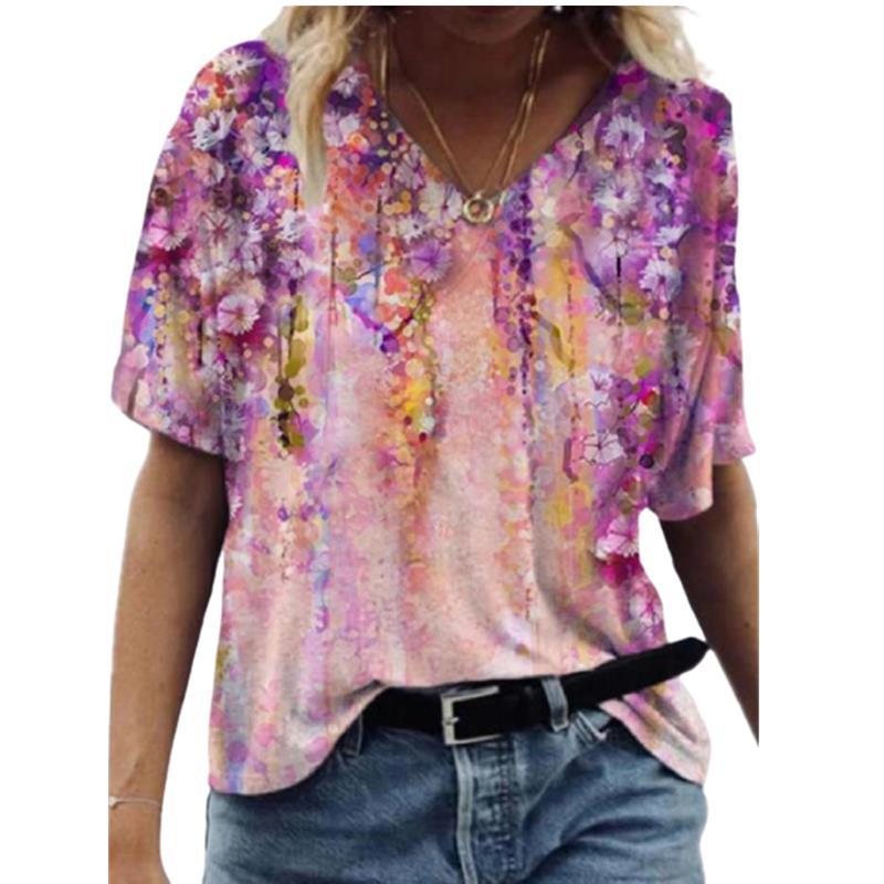 Spot 2021 Spring and Summer V-neck Loose Large Flower Printed Urban Casual Short-sleeved Pullover T-shirt - Image 1