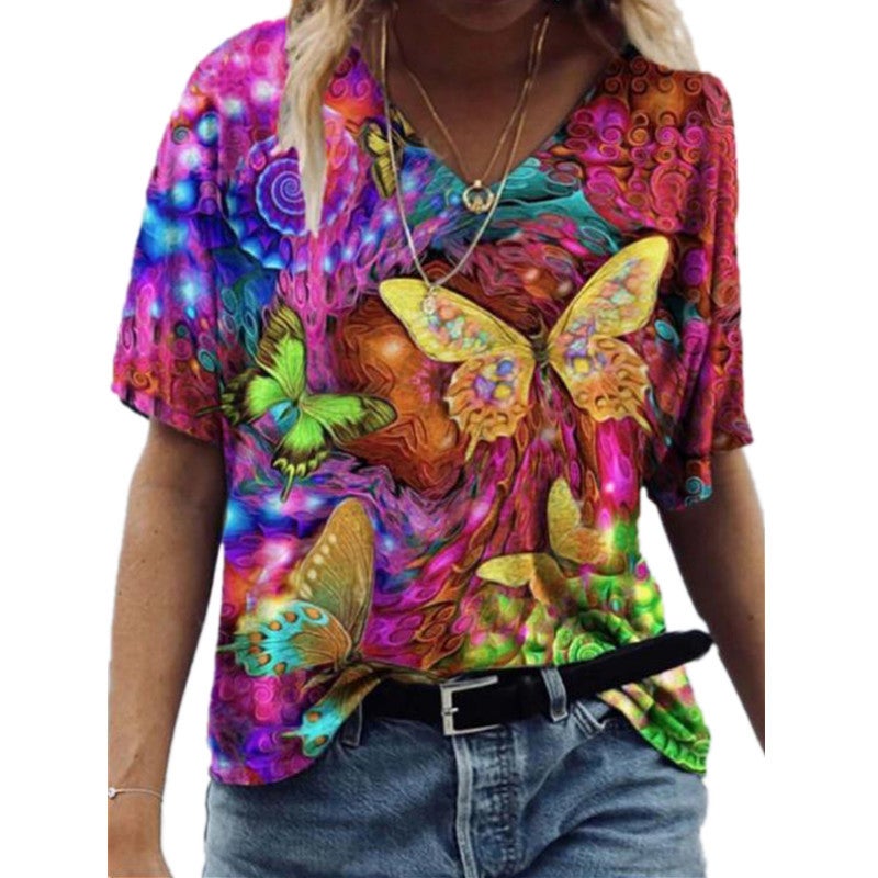 Spot 2021 Spring and Summer V-neck Loose Large Flower Printed Urban Casual Short-sleeved Pullover T-shirt - Image 3