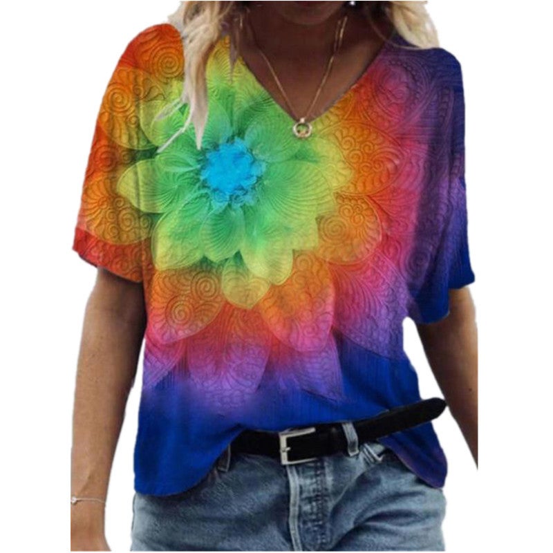 Spot 2021 Spring and Summer V-neck Loose Large Flower Printed Urban Casual Short-sleeved Pullover T-shirt - Image 5