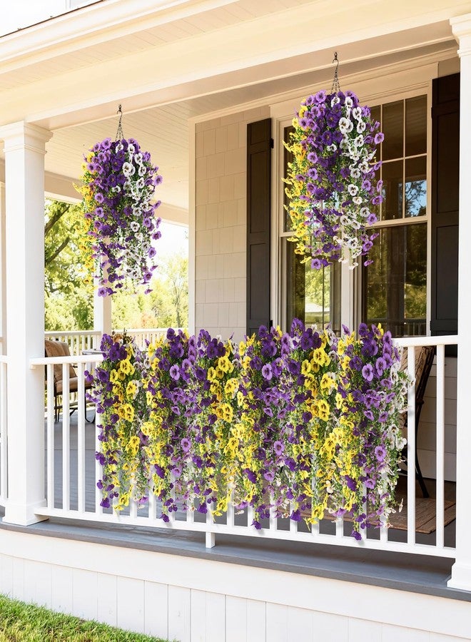 ZFProcess Fake Artificial Flowers for Outdoors, 4 Pcs Faux Hanging Pansy Flowers Spring Summer Decor, UV Resistant Fake Plants Silk Flower for Planter Front Door Porch Patio Yard Garden(Purple Yellow White) - Image 3
