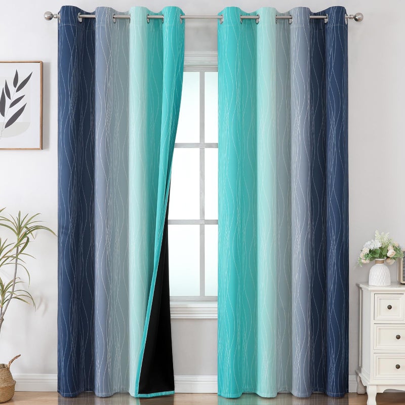 Estelar Textiler Navy Blue and Teal Gradient Blackout Curtains for Bedroom, Thermal Insulated Ombre Blackout Drapes, Full Room Darkening Energy Saving Curtains for Living Room,52Wx84L,2 Panels - Image 1