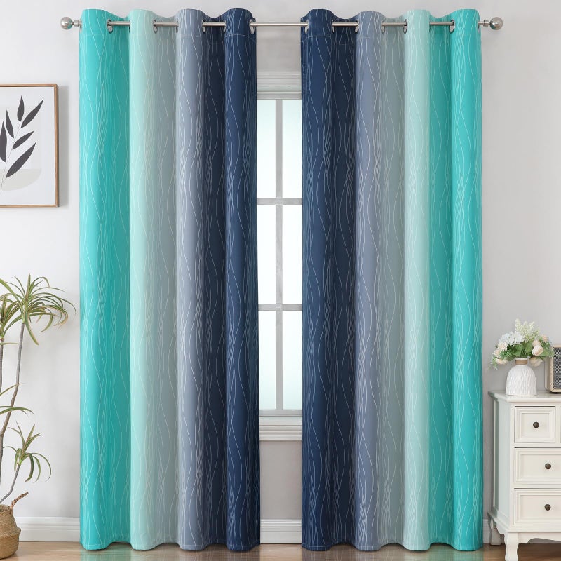 Estelar Textiler Navy Blue and Teal Gradient Blackout Curtains for Bedroom, Thermal Insulated Ombre Blackout Drapes, Full Room Darkening Energy Saving Curtains for Living Room,52Wx84L,2 Panels - Image 2