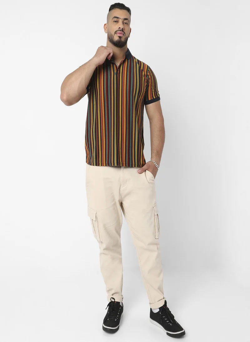 انستافاب بلس Instafab Plus Men's Yellow & Green Candy Striped Polo T-Shirt For Casual Wear | Spread Collar | Short Sleeve | Half-Button Closure | T-Shirt Crafted With Comfort Fit For Everyday Wear
