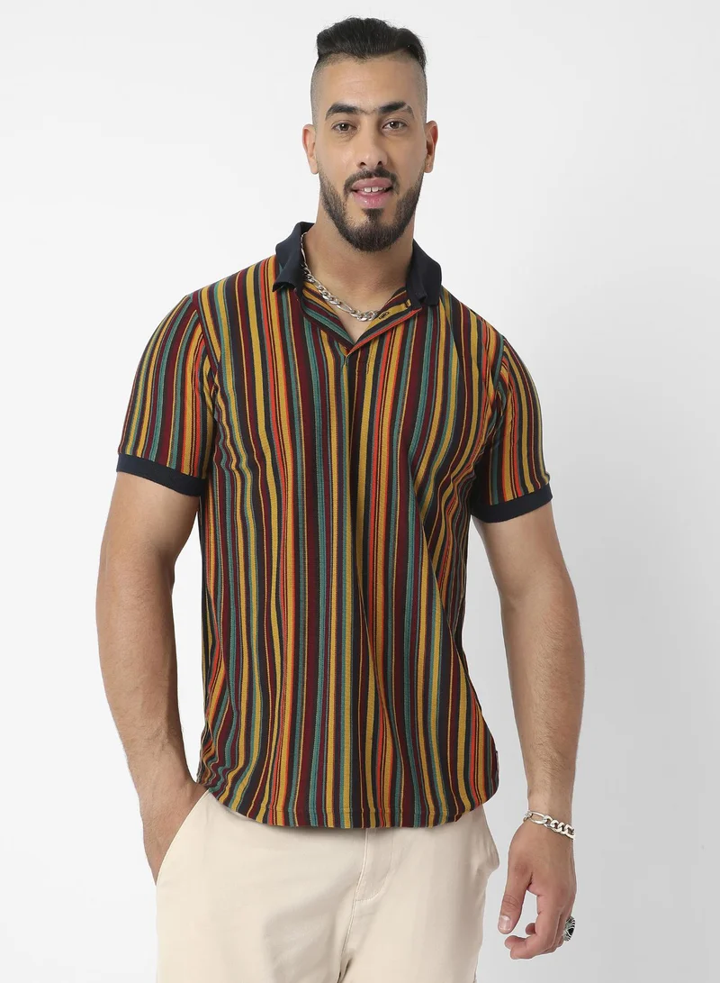 انستافاب بلس Instafab Plus Men's Yellow & Green Candy Striped Polo T-Shirt For Casual Wear | Spread Collar | Short Sleeve | Half-Button Closure | T-Shirt Crafted With Comfort Fit For Everyday Wear
