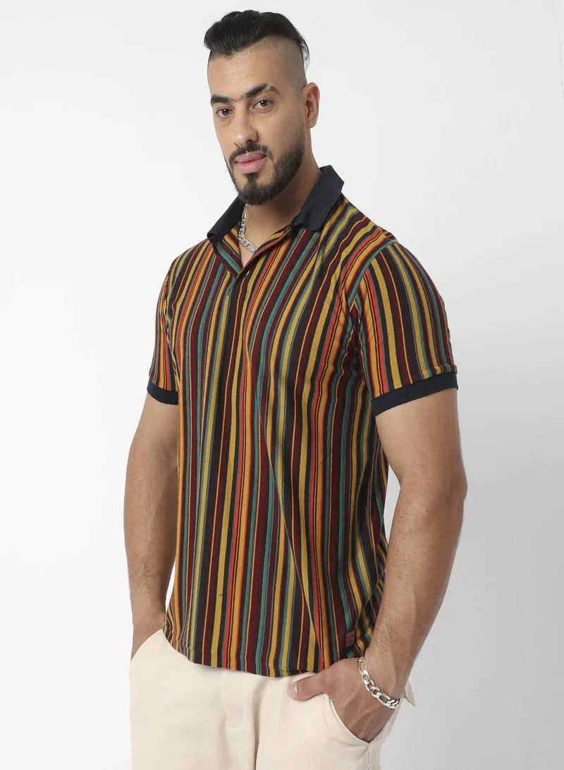 انستافاب بلس Instafab Plus Men's Yellow & Green Candy Striped Polo T-Shirt For Casual Wear | Spread Collar | Short Sleeve | Half-Button Closure | T-Shirt Crafted With Comfort Fit For Everyday Wear