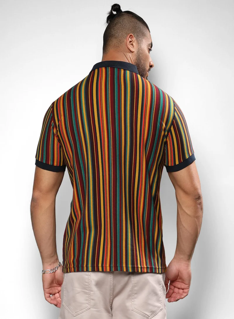 انستافاب بلس Instafab Plus Men's Yellow & Green Candy Striped Polo T-Shirt For Casual Wear | Spread Collar | Short Sleeve | Half-Button Closure | T-Shirt Crafted With Comfort Fit For Everyday Wear