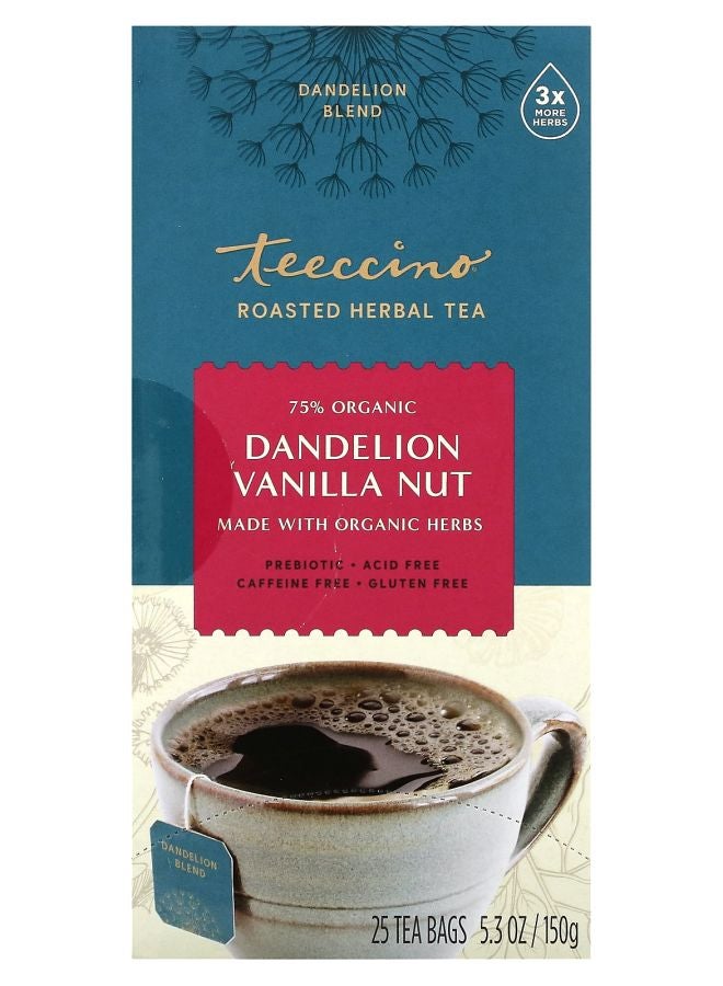 teeccino Roasted Herbal Tea Dandelion Vanilla Nut Caffeine Free 25 Tea Bags 5.3 oz (150 g)
