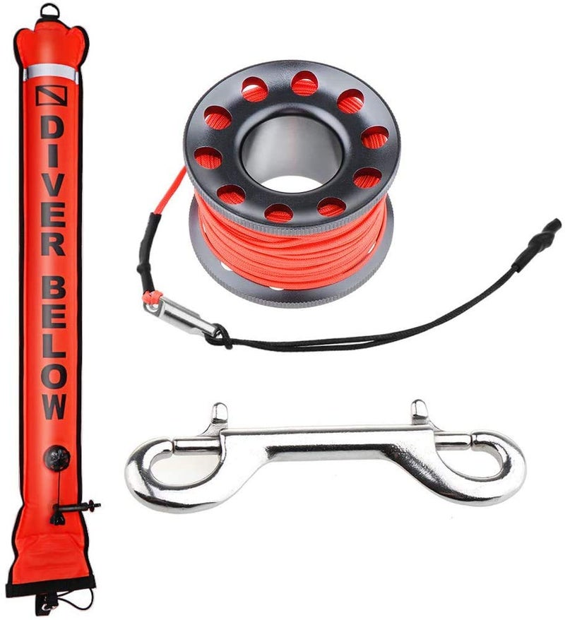 Seafard 4ft Red Scuba Diving Open Bottom Surface Marker Buoy (SMB) with 49ft Finger Spool Alloy Dive Reel and Double Ended Bolt Clip - Gray - Image 1