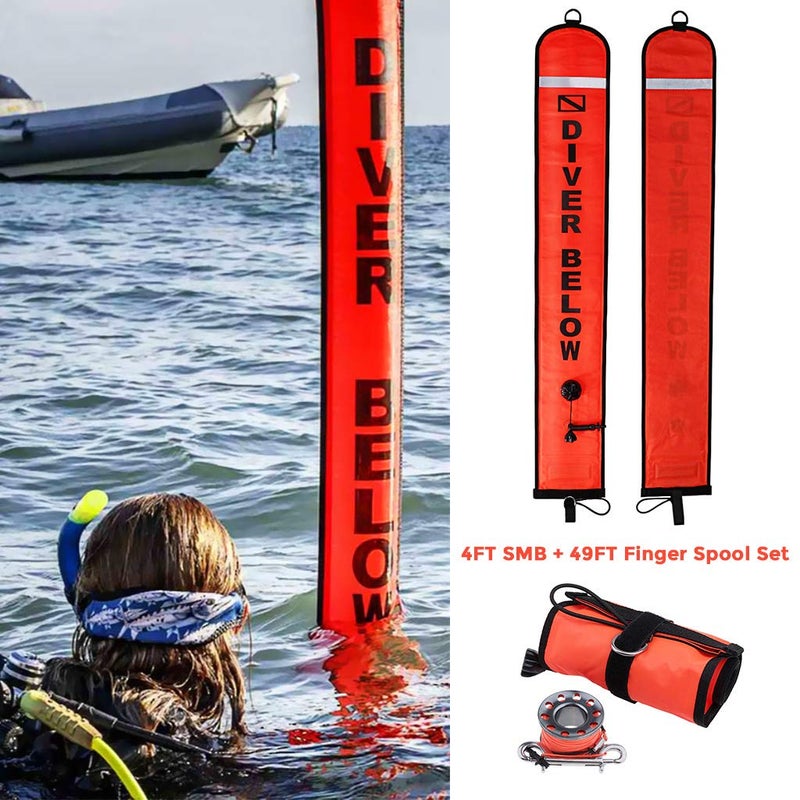 Seafard 4ft Red Scuba Diving Open Bottom Surface Marker Buoy (SMB) with 49ft Finger Spool Alloy Dive Reel and Double Ended Bolt Clip - Gray - Image 2