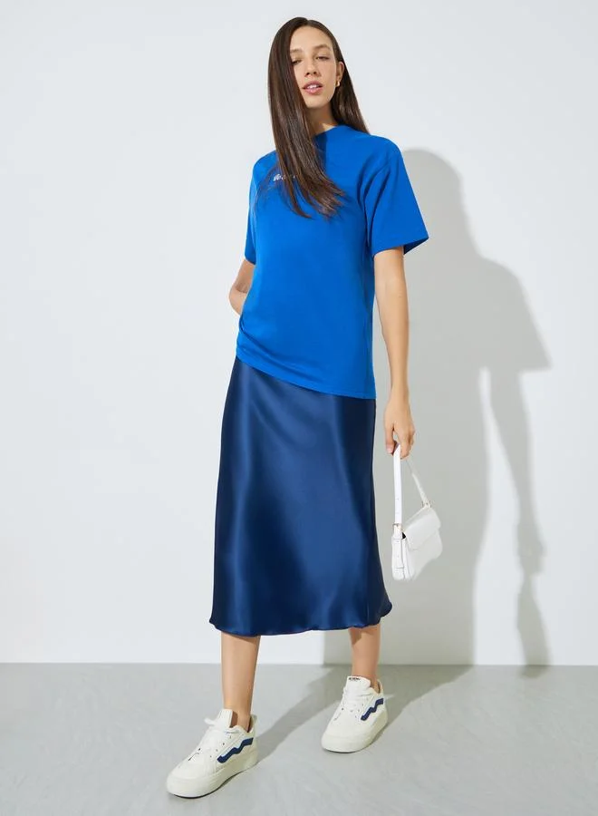 Styli Blue Slogan Print Short Sleeves Oversized T-Shirt