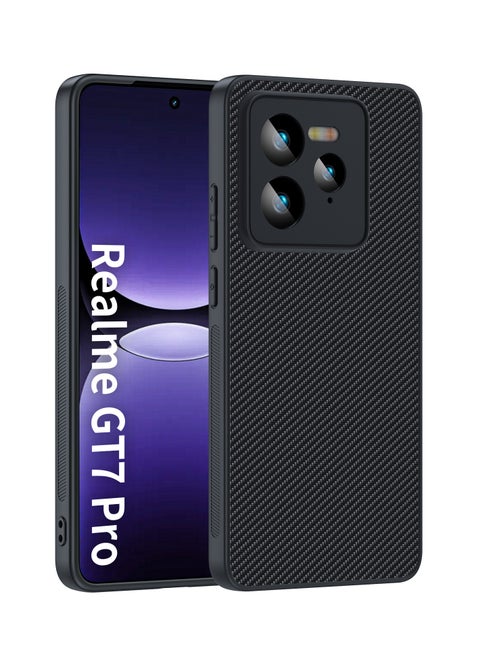 Realme GT7 Pro - Premium Shockproof Protective Case with Carbon Fiber Texture, Ultra-Thin PU Leather, TPU Silicone, and Scratch-Resistant Design. Color: Black.