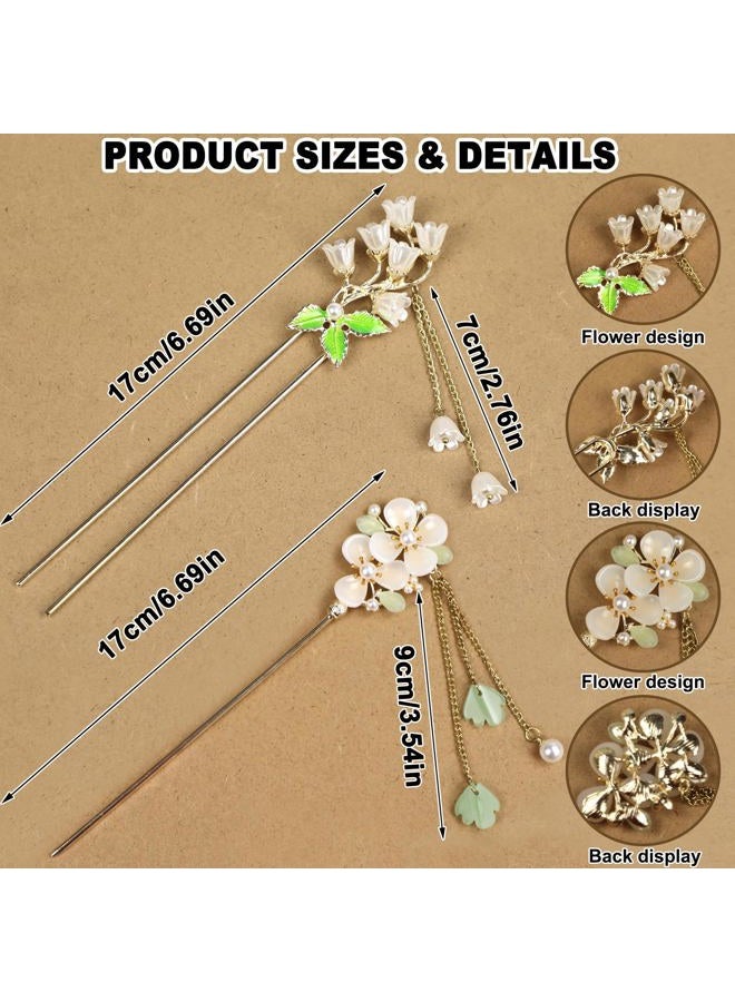 BQSAZHYJ 2Packs Lily of the Valley Chinese Hair Sticks for Buns, Pearl Flower Vintage Metal Hair Chopsticks for Women and Girls Dangle Tassel Pendant Accessories Hanfu Handmade Decor Hairpin (green) - Image 2