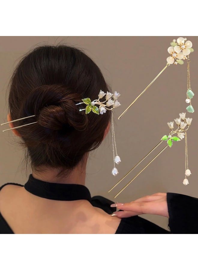 BQSAZHYJ 2Packs Lily of the Valley Chinese Hair Sticks for Buns, Pearl Flower Vintage Metal Hair Chopsticks for Women and Girls Dangle Tassel Pendant Accessories Hanfu Handmade Decor Hairpin (green) - Image 1