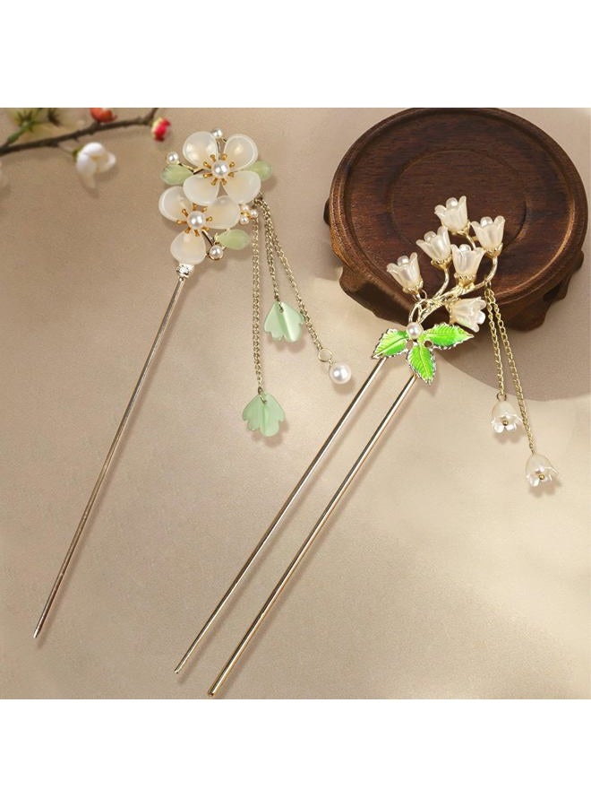 BQSAZHYJ 2Packs Lily of the Valley Chinese Hair Sticks for Buns, Pearl Flower Vintage Metal Hair Chopsticks for Women and Girls Dangle Tassel Pendant Accessories Hanfu Handmade Decor Hairpin (green) - Image 4