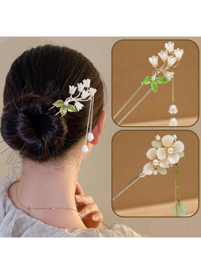 BQSAZHYJ 2Packs Lily of the Valley Chinese Hair Sticks for Buns, Pearl Flower Vintage Metal Hair Chopsticks for Women and Girls Dangle Tassel Pendant Accessories Hanfu Handmade Decor Hairpin (green) - Image 3