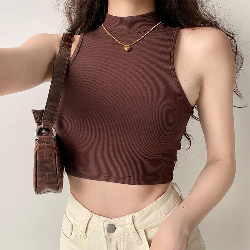 Retro American Mock Neck Sleeveless Crop Top Brown 