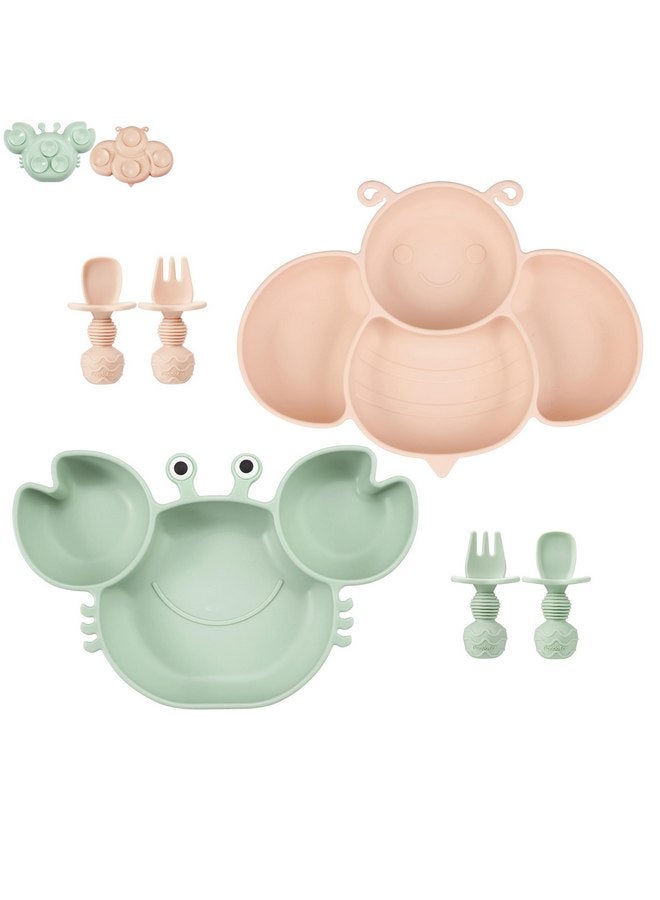 PandaEar 2 Pack Silicone Suction Plates for Toddlers Baby with 4 Spoons Self Feeding, Divided Unbreakable Toddler Plates with Suction, Baby Plates and Utensils Set, Baby Dishes, Green Crab & Pink Bee - Image 1