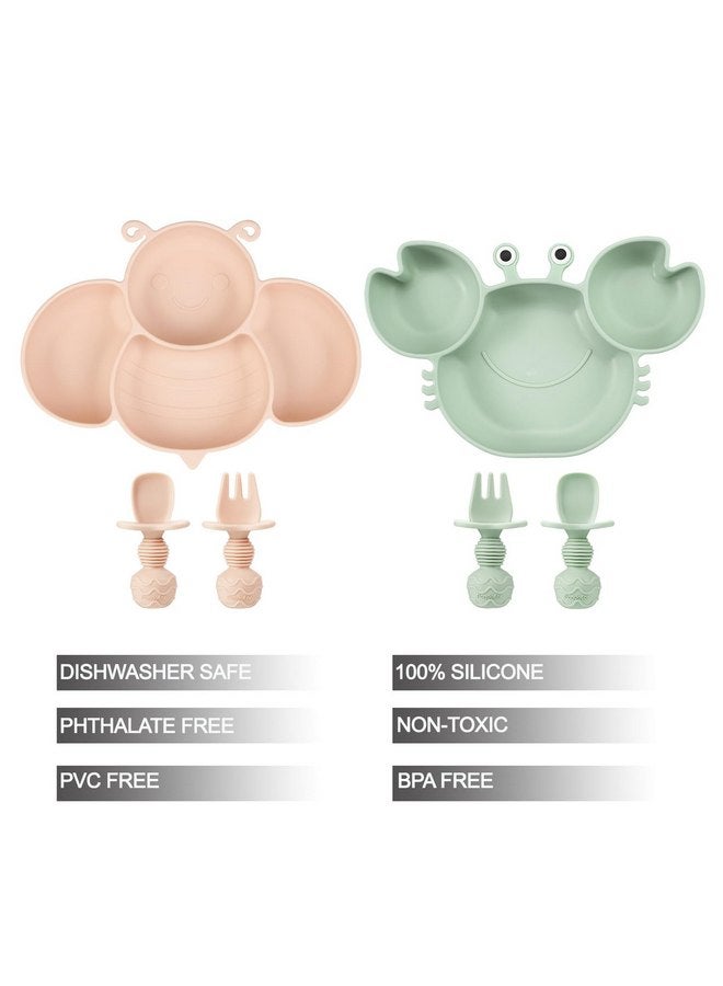 PandaEar 2 Pack Silicone Suction Plates for Toddlers Baby with 4 Spoons Self Feeding, Divided Unbreakable Toddler Plates with Suction, Baby Plates and Utensils Set, Baby Dishes, Green Crab & Pink Bee - Image 2