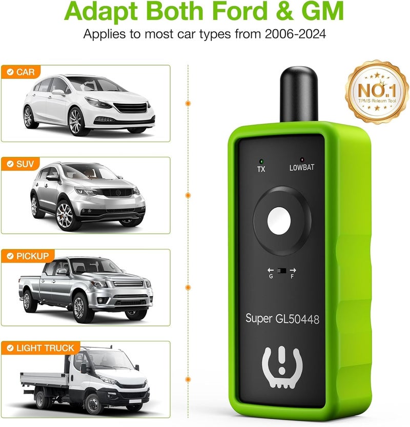 في اكس دي ايه اس أد��ة إعادة تعلم TPMS 2IN1 Super GL50448 لسيارات GM وFord مع زر تبديل النموذج، تنشيط مراقبة مستشعر ضغط الإطارات لسيارات Buick/Cadillac/Chevrolet/GMC/Lincoln/Mazda إصدار 2024 (أخضر) - Image 2