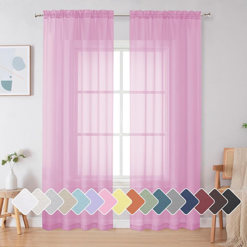 SimpleBrand Pink Sheer Curtains 84 Inches Long, Light Filtering Rod Pocket Solid Color Window Sheer Curtain Panels, Elegant Curtains & Drapes for Living Room, Bedroom 2 Panels (42" W x 84" L) - Image 1
