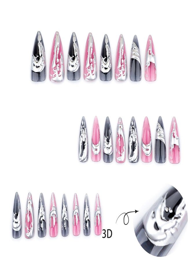 Jremg Silver Solution Press on Nails Long Stiletto Fake Nails 3D Bronzing Silver Stick on Nails Goth False Nails Glossy Irregular Liquid Sharp Glue on Nails Reusable Acrylic Nail for Women Girls 24Pcs - Image 4
