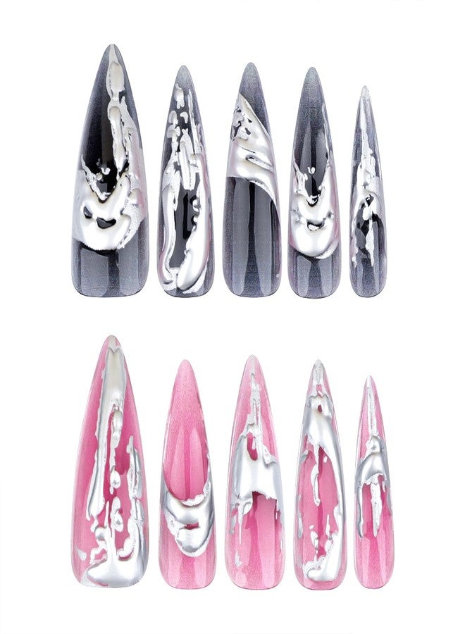 Jremg Silver Solution Press on Nails Long Stiletto Fake Nails 3D Bronzing Silver Stick on Nails Goth False Nails Glossy Irregular Liquid Sharp Glue on Nails Reusable Acrylic Nail for Women Girls 24Pcs - Image 3