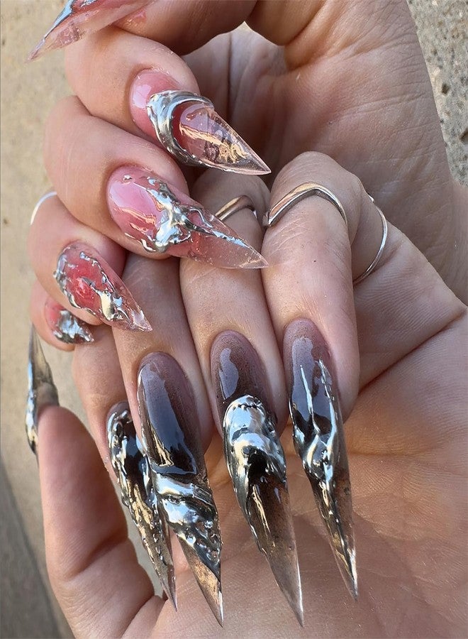 Jremg Silver Solution Press on Nails Long Stiletto Fake Nails 3D Bronzing Silver Stick on Nails Goth False Nails Glossy Irregular Liquid Sharp Glue on Nails Reusable Acrylic Nail for Women Girls 24Pcs - Image 1