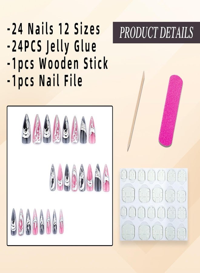 Jremg Silver Solution Press on Nails Long Stiletto Fake Nails 3D Bronzing Silver Stick on Nails Goth False Nails Glossy Irregular Liquid Sharp Glue on Nails Reusable Acrylic Nail for Women Girls 24Pcs - Image 2
