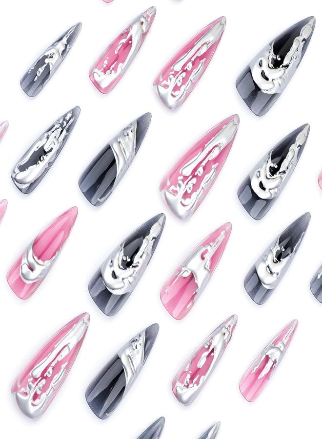 Jremg Silver Solution Press on Nails Long Stiletto Fake Nails 3D Bronzing Silver Stick on Nails Goth False Nails Glossy Irregular Liquid Sharp Glue on Nails Reusable Acrylic Nail for Women Girls 24Pcs - Image 5