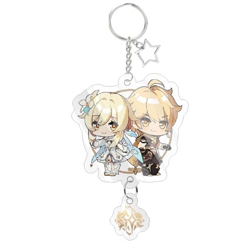 Careflection Genshin Impact Cute Traveler Outlander Chibi Game Acrylic Keychain Japanese Anime Cartoon Key Charm Rings - Image 1