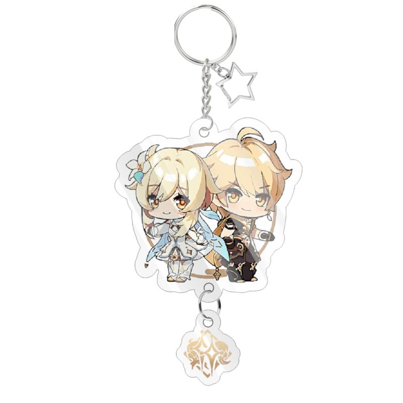 Careflection Genshin Impact Cute Traveler Outlander Chibi Game Acrylic Keychain Japanese Anime Cartoon Key Charm Rings - Image 4