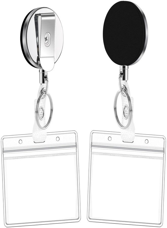 Shining Zon 2 Pack Heavy Duty Retractable Badge Holders 2-Sided Clear PVC ID Card Holder with Metal YoYo Clip and Keyring for Keychain - Horizontal - Image 2