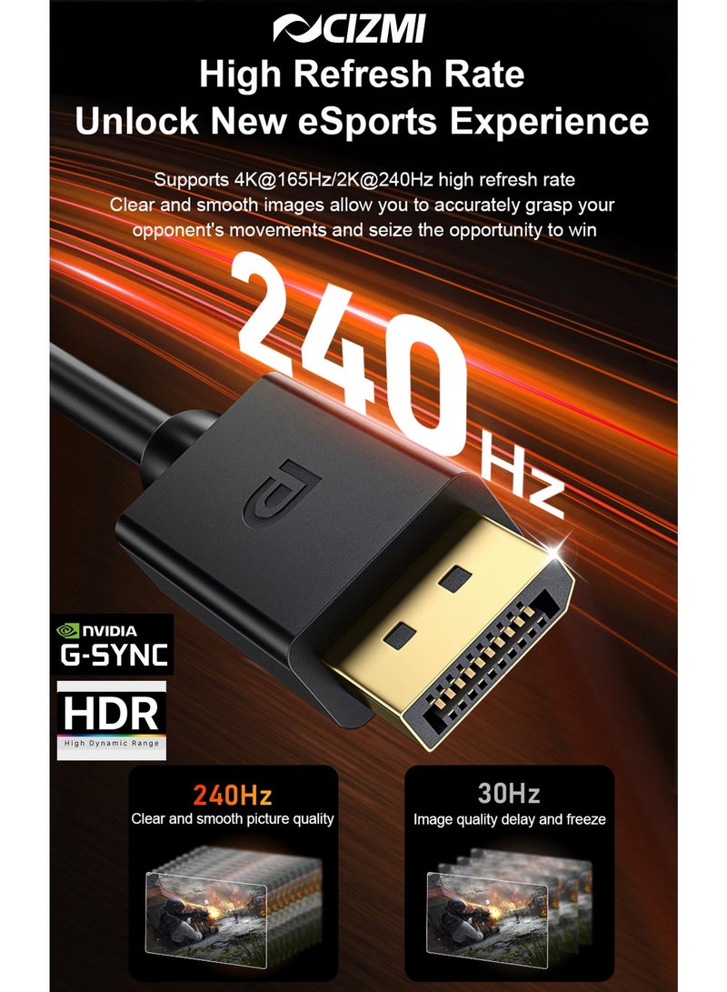 سيزمي ✦ كابل DisplayPort 1.4 بدقة 8K بطول 2 متر | يدعم 8K@60Hz و4K@240Hz بمعدلات تحديث عالية | HDR وG-Sync وHDCP | سرعة 32.4Gbps | موصلات DisplayPort مطلية بالذهب | DP إلى DP | متوافق مع شاشات الألعاب ASUS وDell وMSI وLG وSamsung، وبطاقات الرسوميات NVIDIA وAMD وأجهزة الكمبيوتر - Image 1