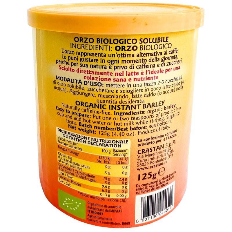 Crastan 1870 Instant Organic Barley Coffee Substitute 4.4 oz. (125g) Roasted Ground Barley - Orzo Biologico - Grain Coffee Substitute - Mugicha, Boricha, Damaicha, Cevada - Orzo Solubile Tea Beverage - Image 2