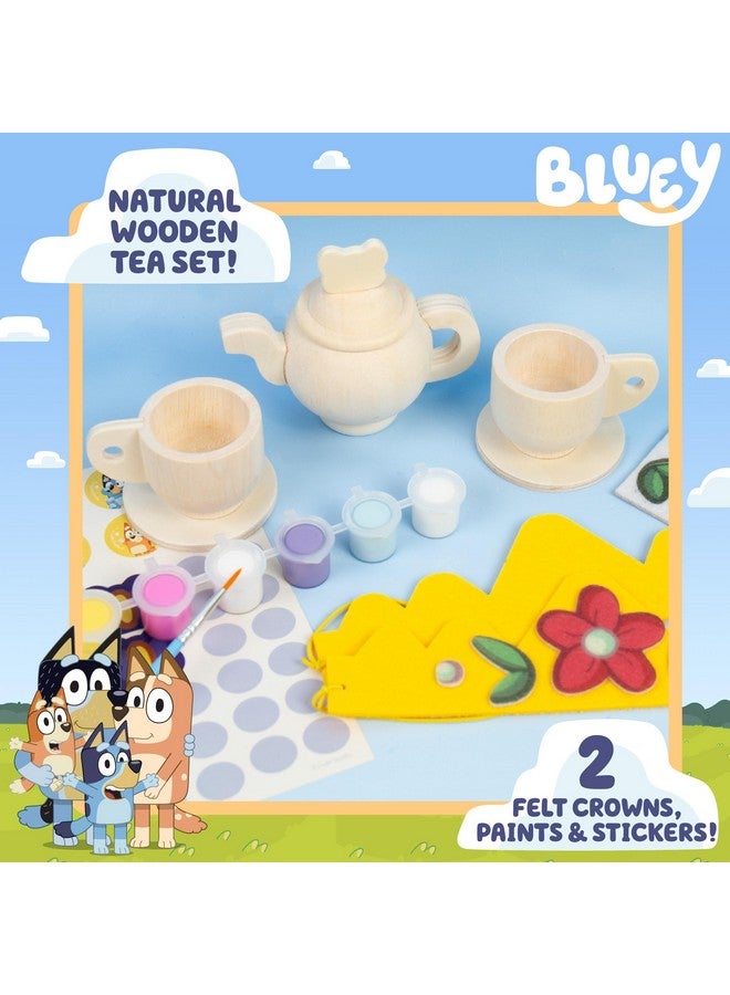Horizon Group USA Bluey Paint & Play Tea Party, 6-Piece Wooden Tea Set, Customize with Paint & Bluey Stickers, 2 Wearable Crowns, Fun Toys for Kids, Cute Birthday Party Decorations, Pretend Play Tea Party, Bluey Toys - Image 3