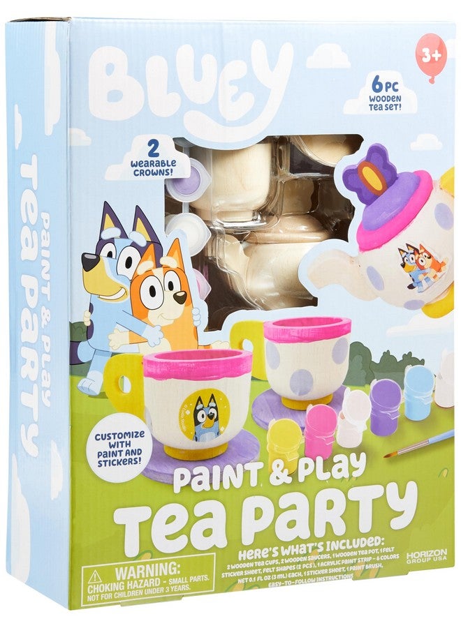 Horizon Group USA Bluey Paint & Play Tea Party, 6-Piece Wooden Tea Set, Customize with Paint & Bluey Stickers, 2 Wearable Crowns, Fun Toys for Kids, Cute Birthday Party Decorations, Pretend Play Tea Party, Bluey Toys - Image 1