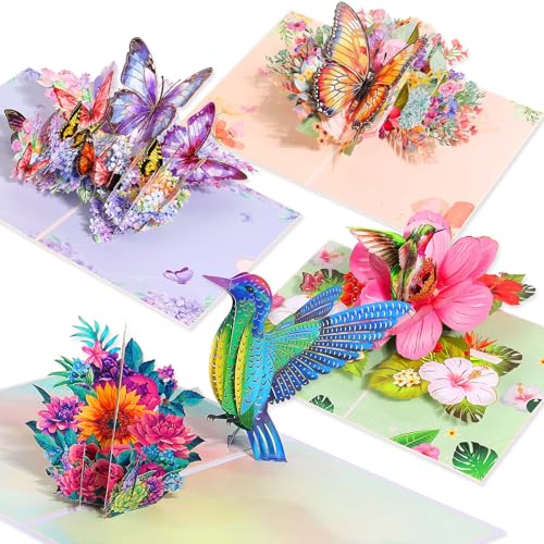 Tidponra 4 Pack Butterfly Flower Pop Up Cards, Hummingbird Birthday Card 3D Greeting Cards for Mother's Day, Graduation, Anniversary, Thinking of You, Get Well, Home Decor, with Envelope and Note - Image 1