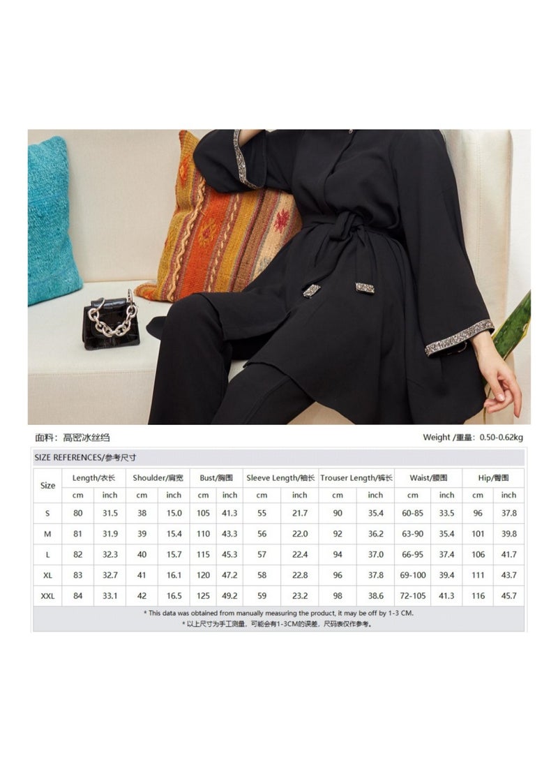Women's 2-Piece Modest Muslim Fashion Set - Long Tunic Top & Flared Pants with Rhinestone Embellishments, Black - Image 5