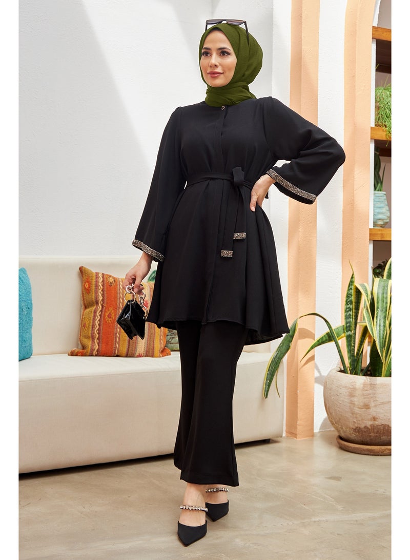 Women's 2-Piece Modest Muslim Fashion Set - Long Tunic Top & Flared Pants with Rhinestone Embellishments, Black - Image 3
